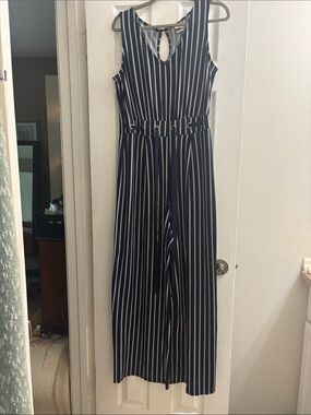 Wrapper Navy and White Vertical Stripe Sleeveless Jumpsuit with Belt